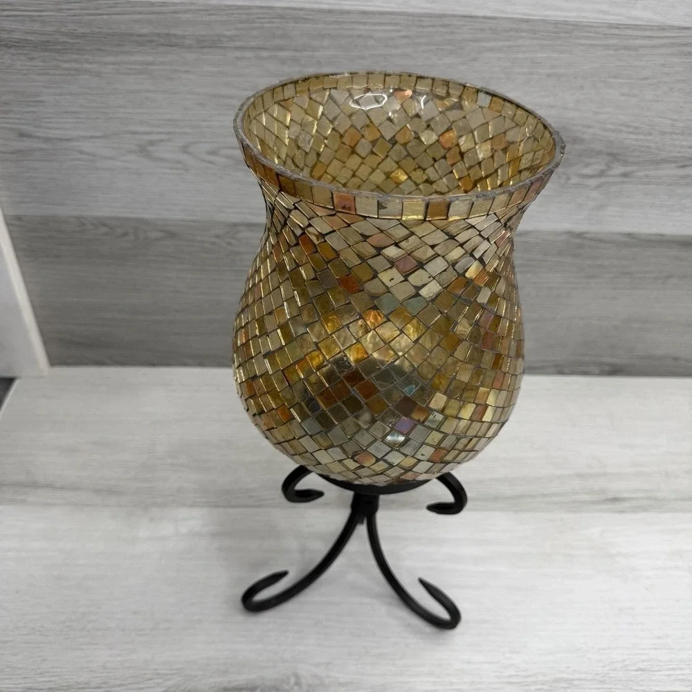 Gold Mosaic Glass Candle Holders Set 2 Iron Stands Boho Decor
